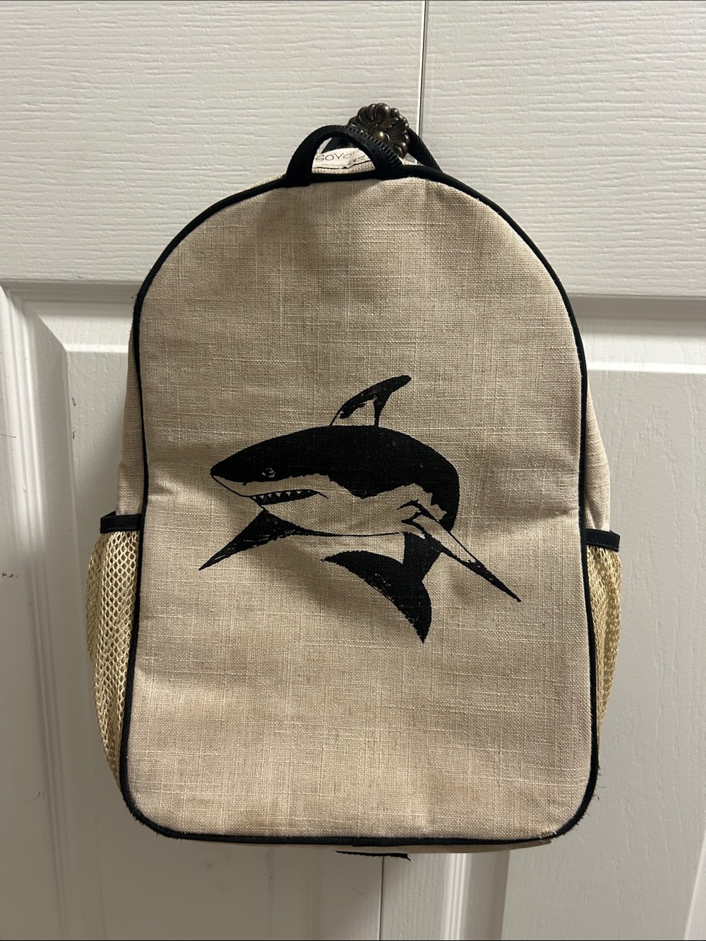 ‘So Young’ Beige Shark Graphic Kids Backpack